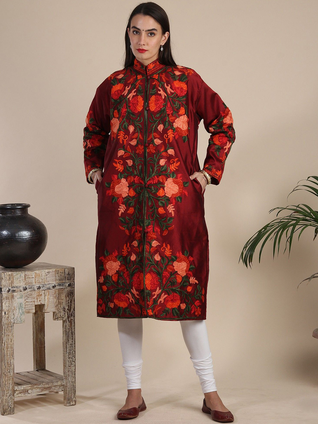 Exotic India Haute Red Art Silk Kashmiri Long Jacket with Aari-Embroidered Floral Vine