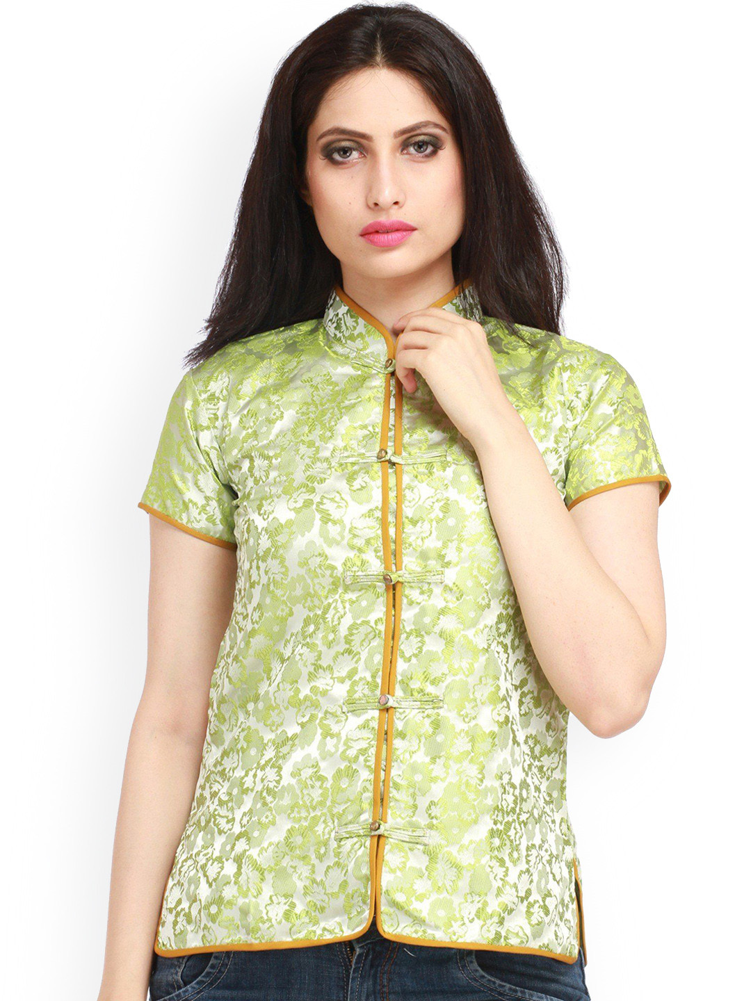 Exotic india Green Glow Cheongsam Jacket with Woven Flowers