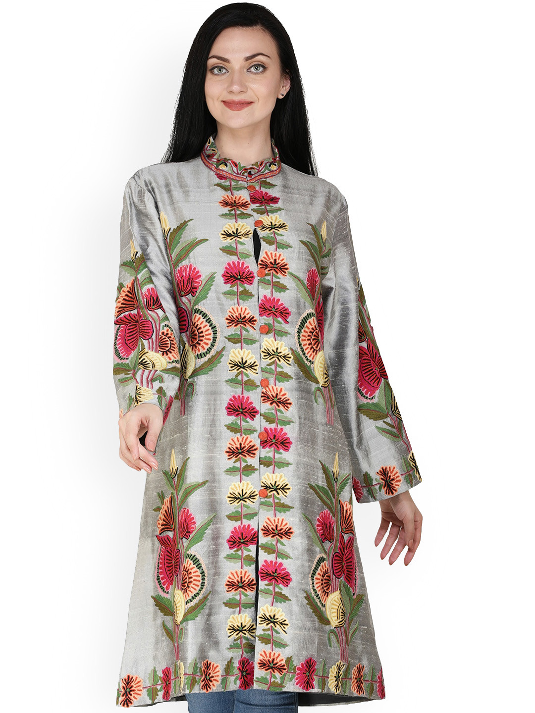 Exotic India Frost Gray Kashmiri long Jacket with Embroidered Multicolor Flowers