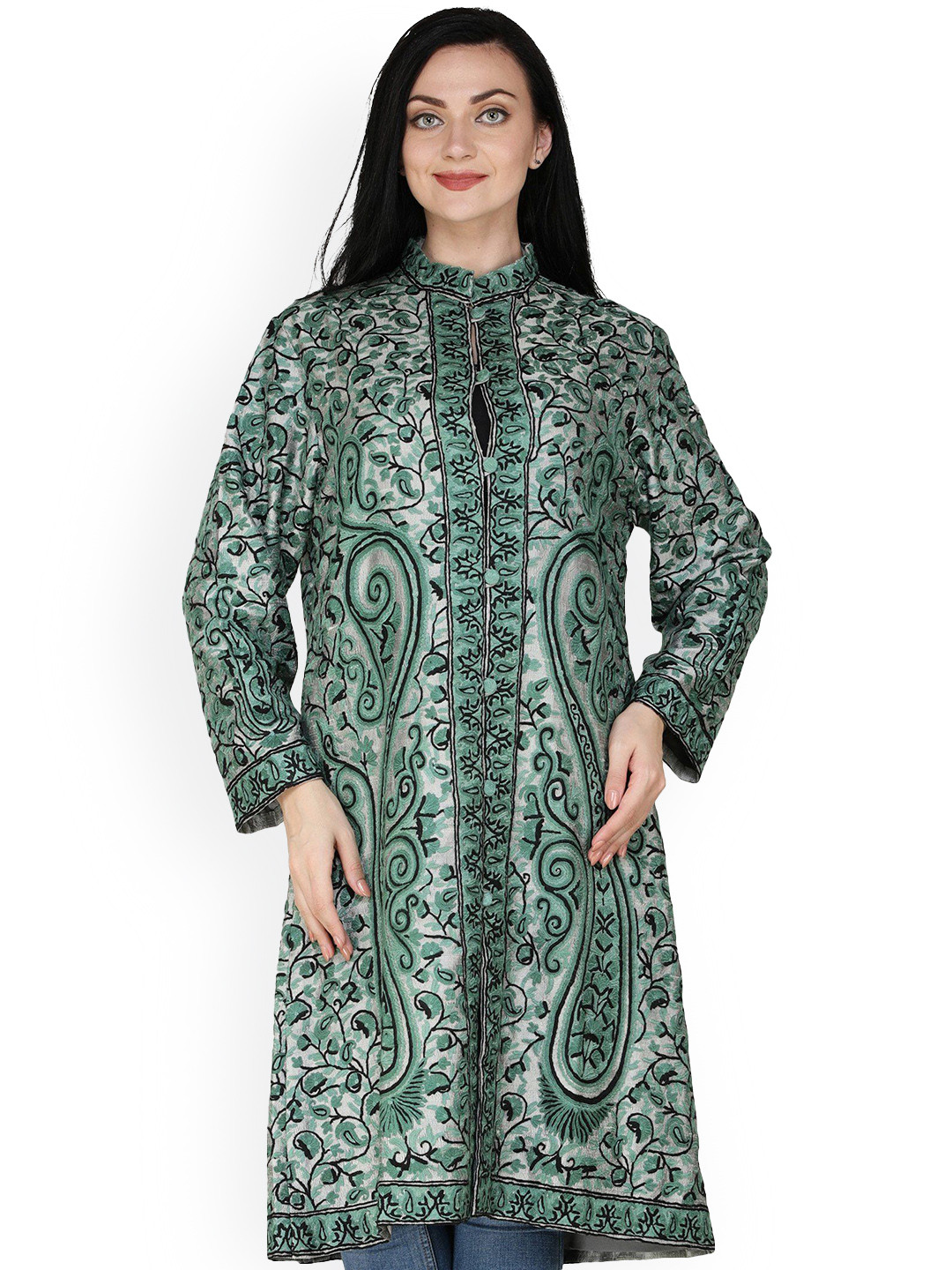 Exotic India Neutral Gray Long Kashmiri Jacket with Aari Paisley & Flower