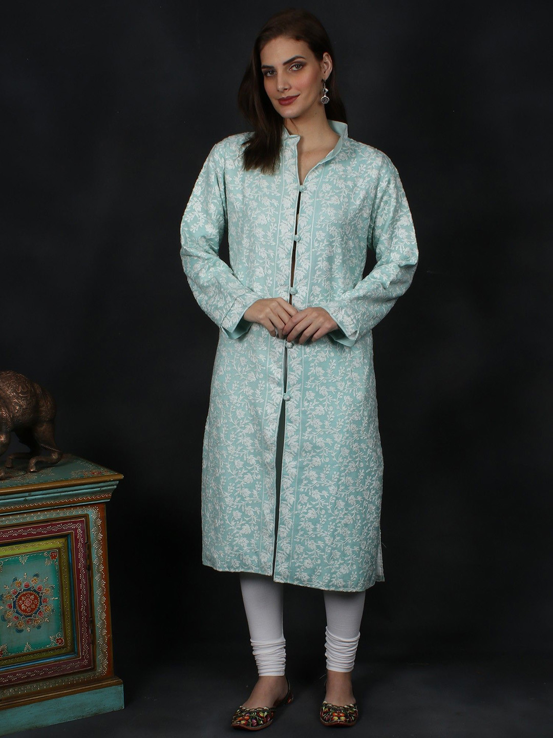Exotic India Aqua Mint Intricate Aari-Embroidered Floral Wool Kashmiri Long Jacket