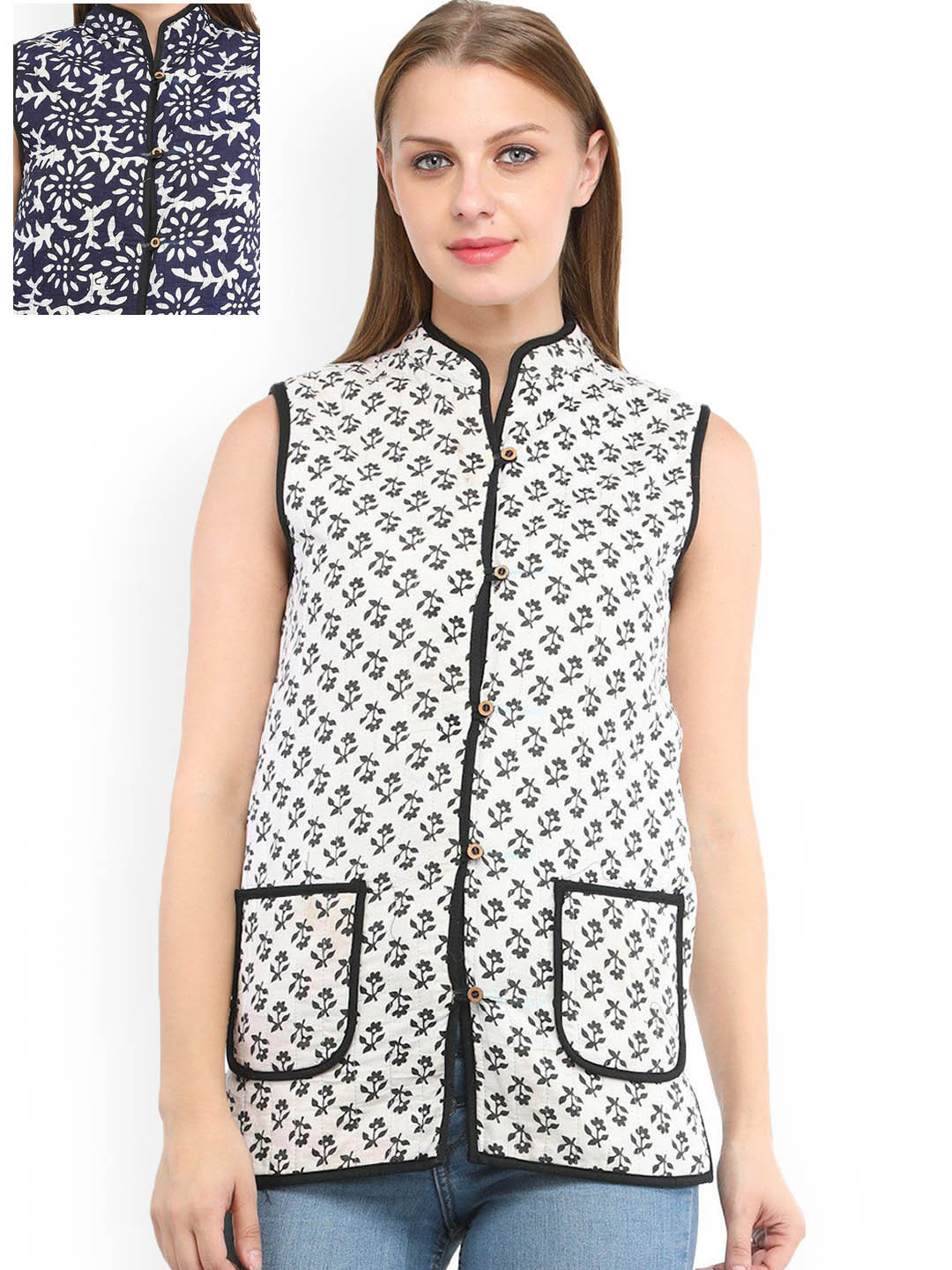 Exotic India Women Printed Flowers Pure Cotton Reversible Crop Denim Jacket