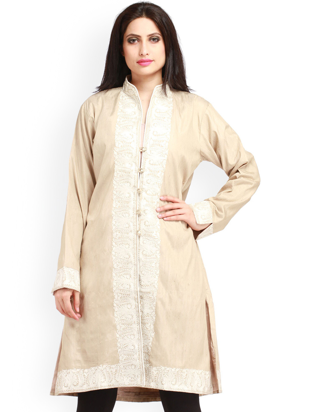 Exotic India Bleached Sand Kashmiri Long Jacket with Aari Embroidered Paisleys on Border