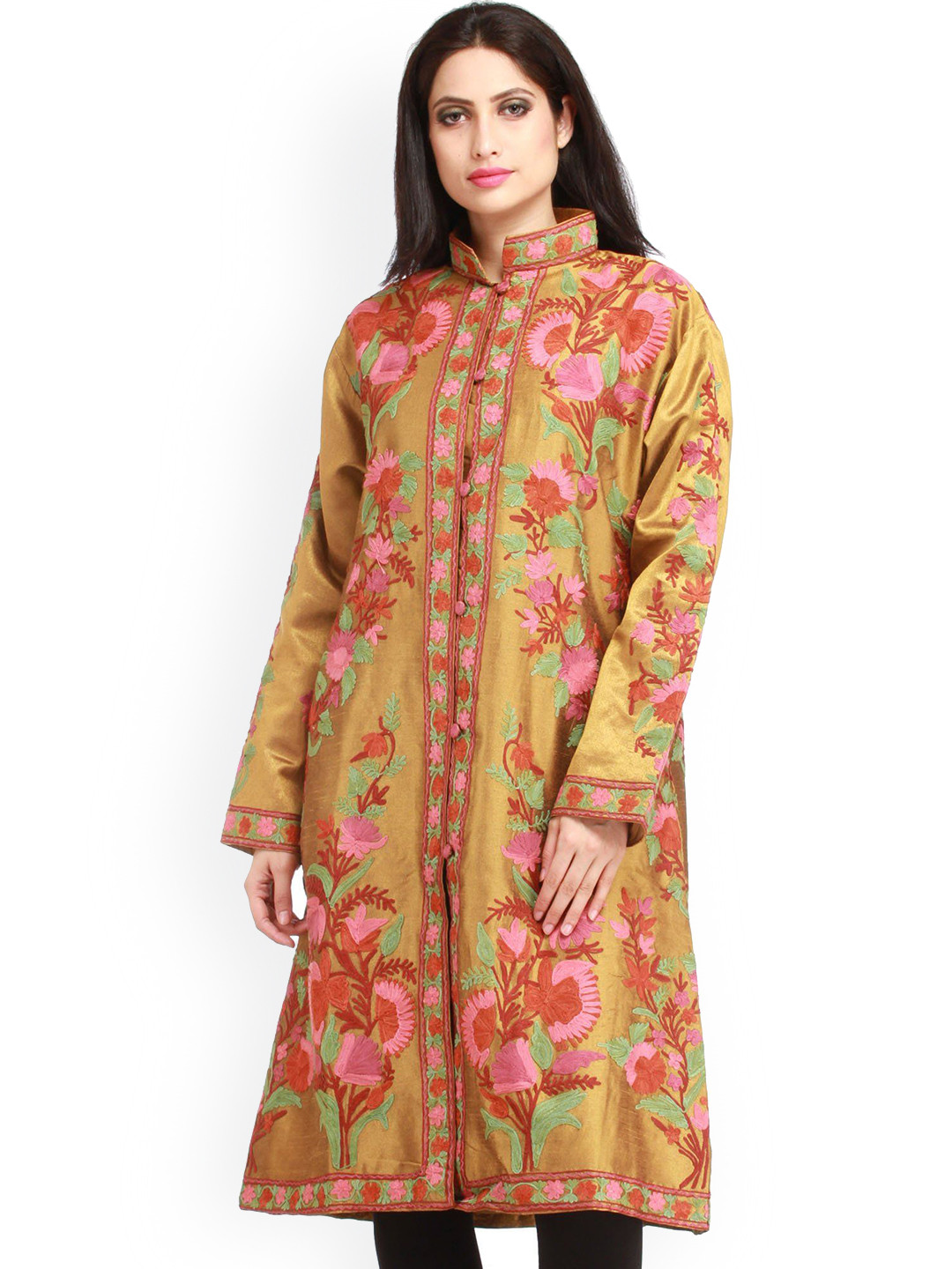 Exotic India Mustard Gold Pure Silk Kashmiri Jacket with Aari Hand-Embroidered Flowers
