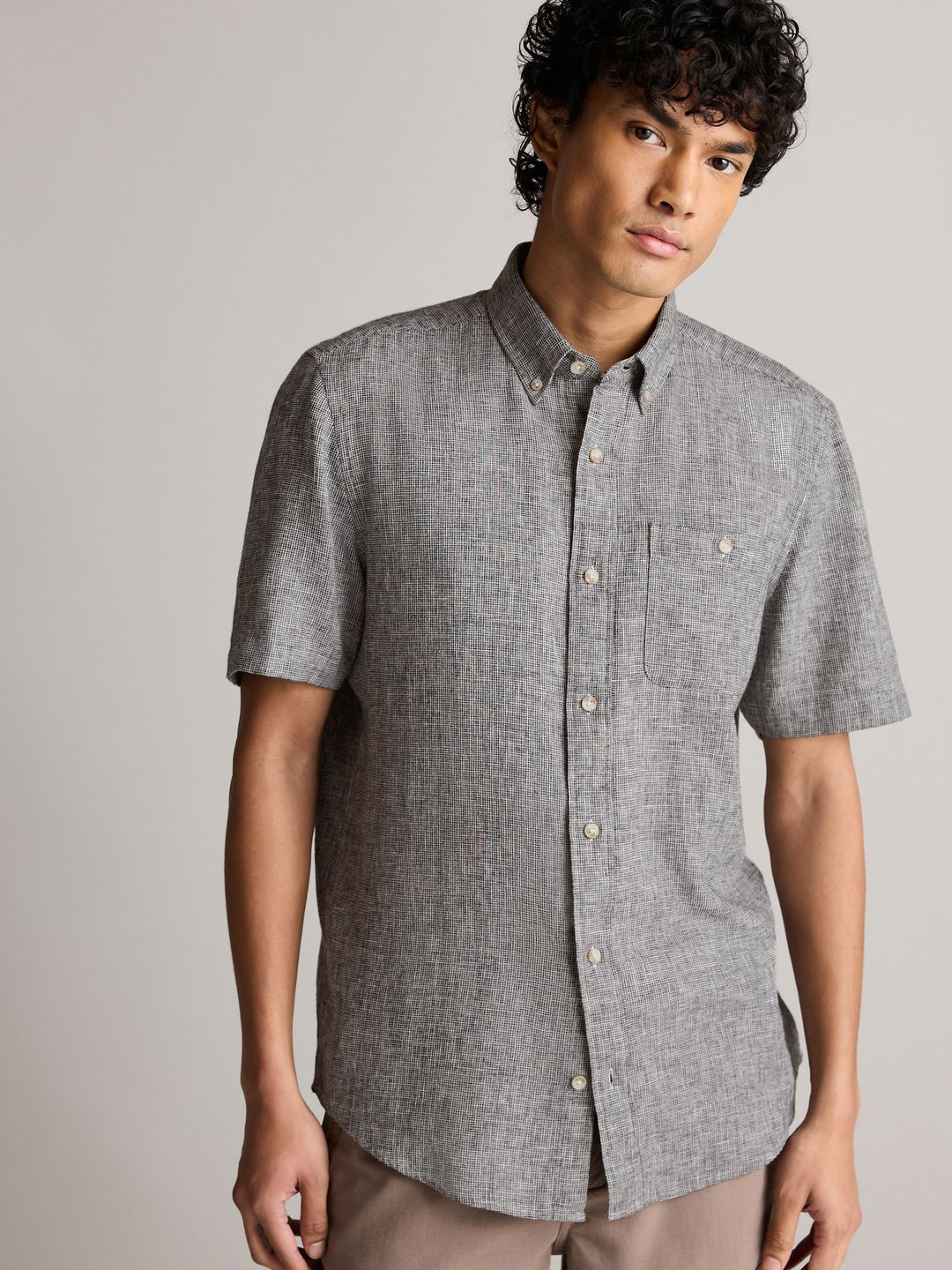 NEXT Linen Cotton Micro Checked Casual Shirt