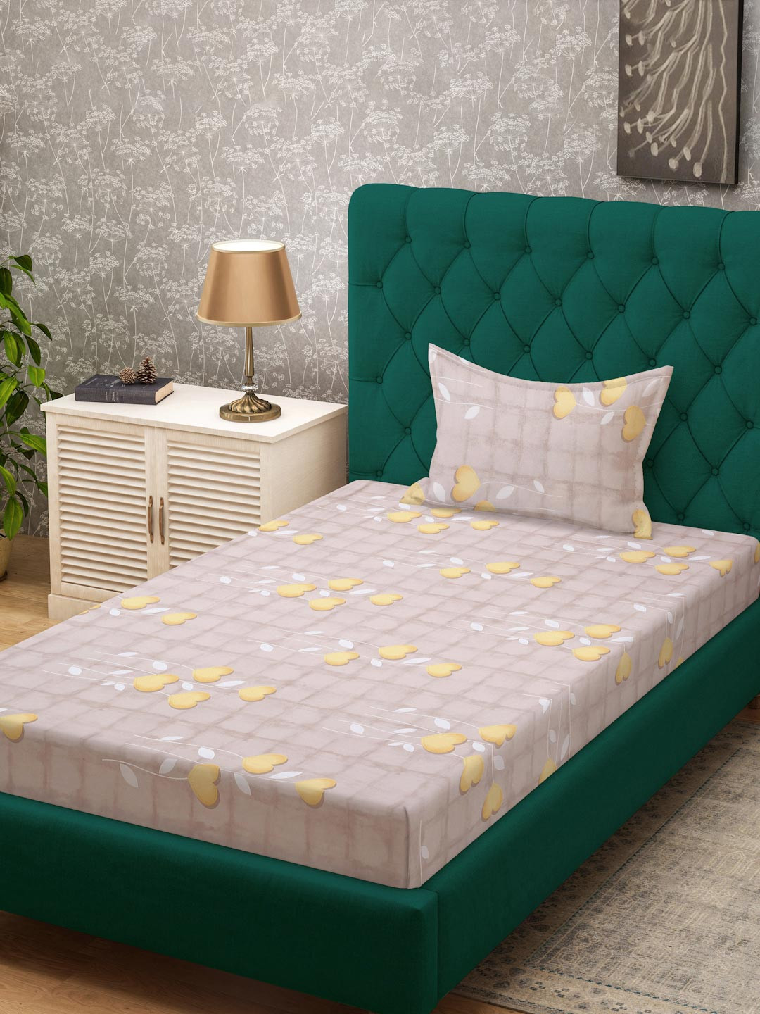 KLOTTHE Yellow Floral Pure Cotton 400 TC Single Superfine Bedsheet with a Pillow Cover-28 x 18 inches