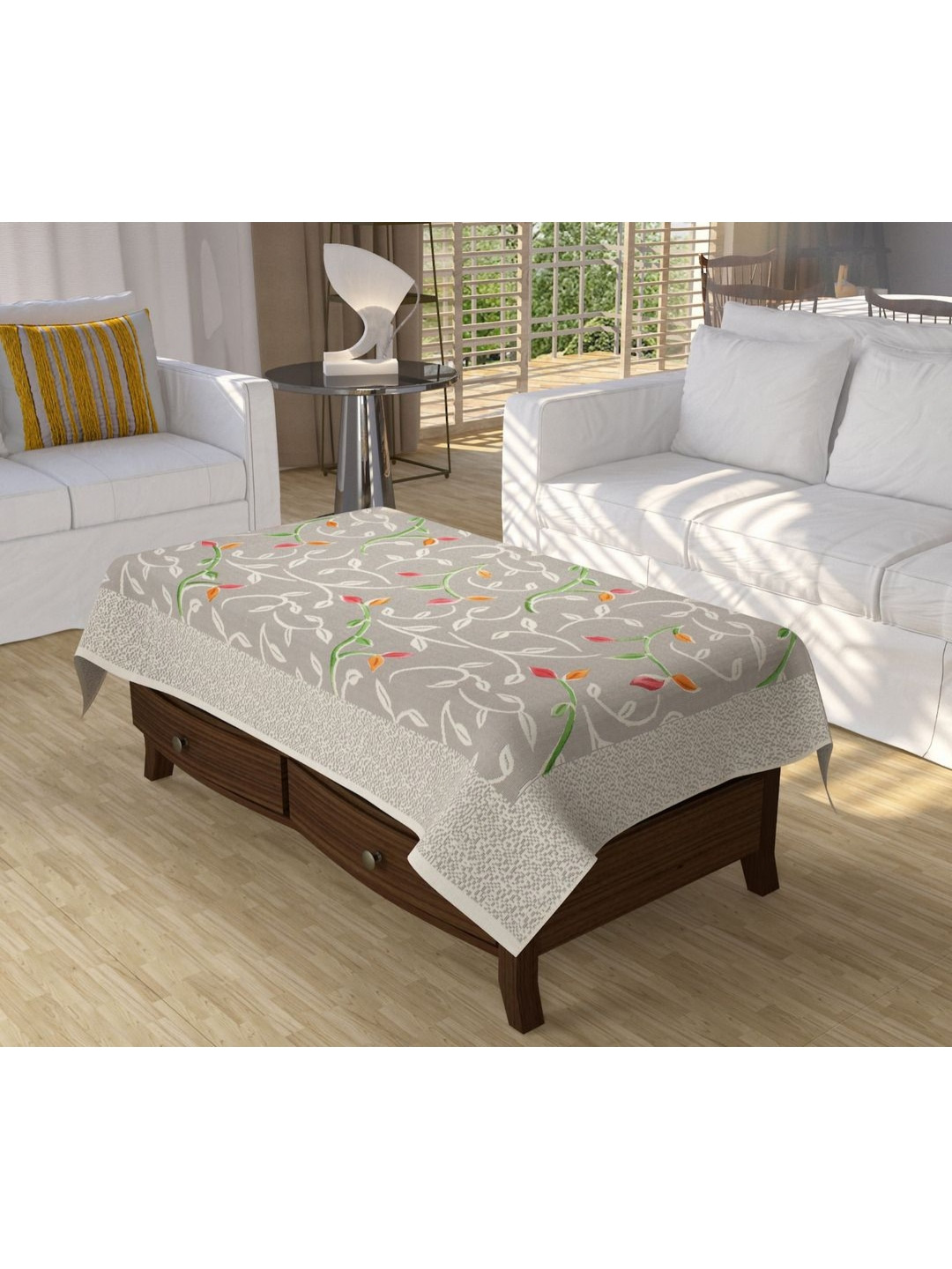 BIGGER FISH Cream-Coloured Floral Cotton 4-Seater Table Cover