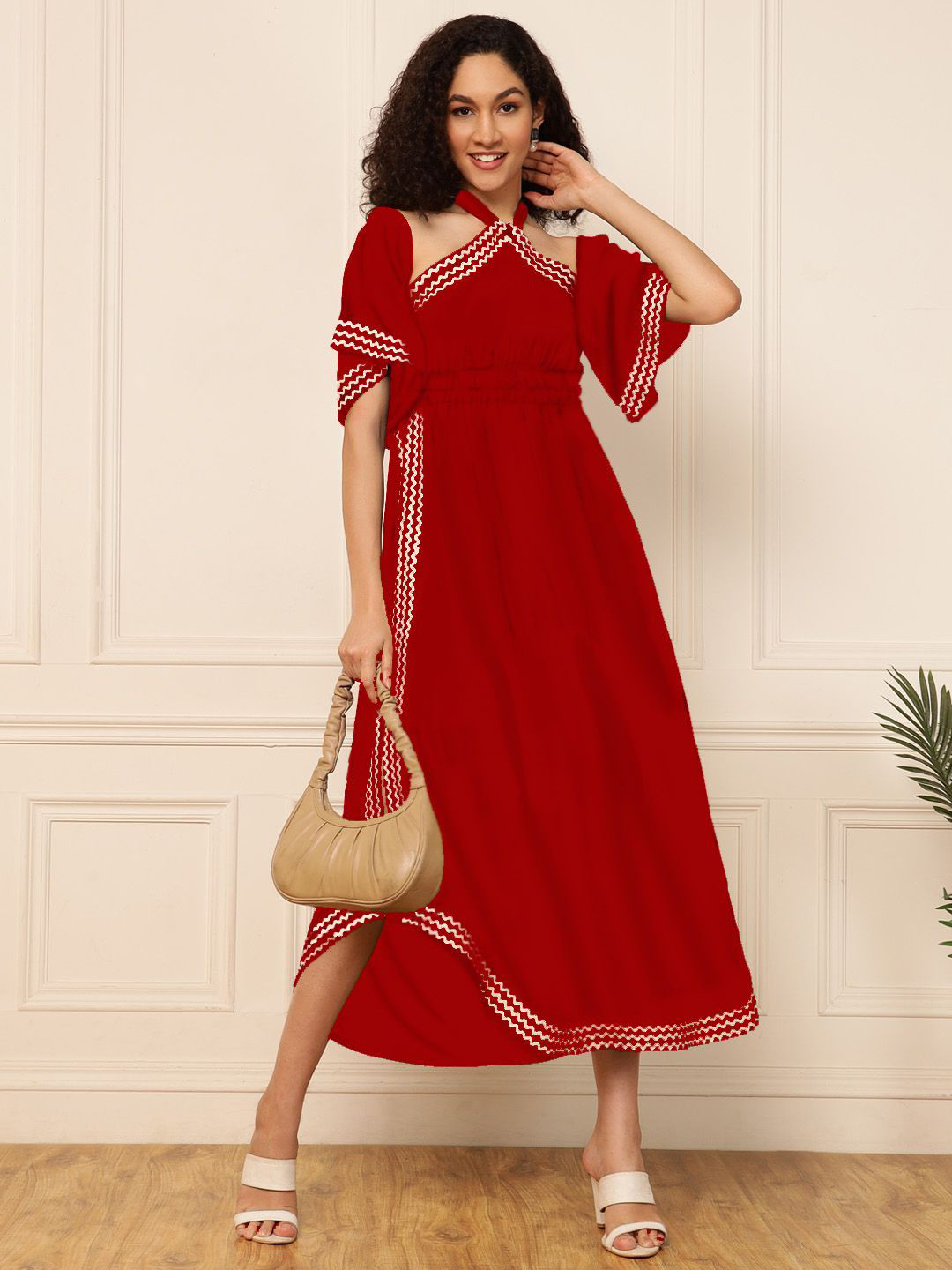 DEEBACO Tie Up Neck Flared Shoulder Side Slit Lace Details Empire Midi Dress