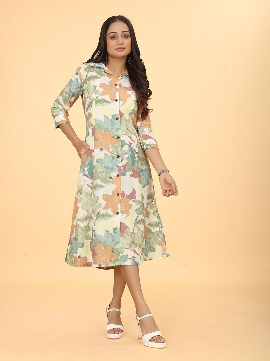 Puretouch Shirt Collar Button Down A-line Floral Midi Dress