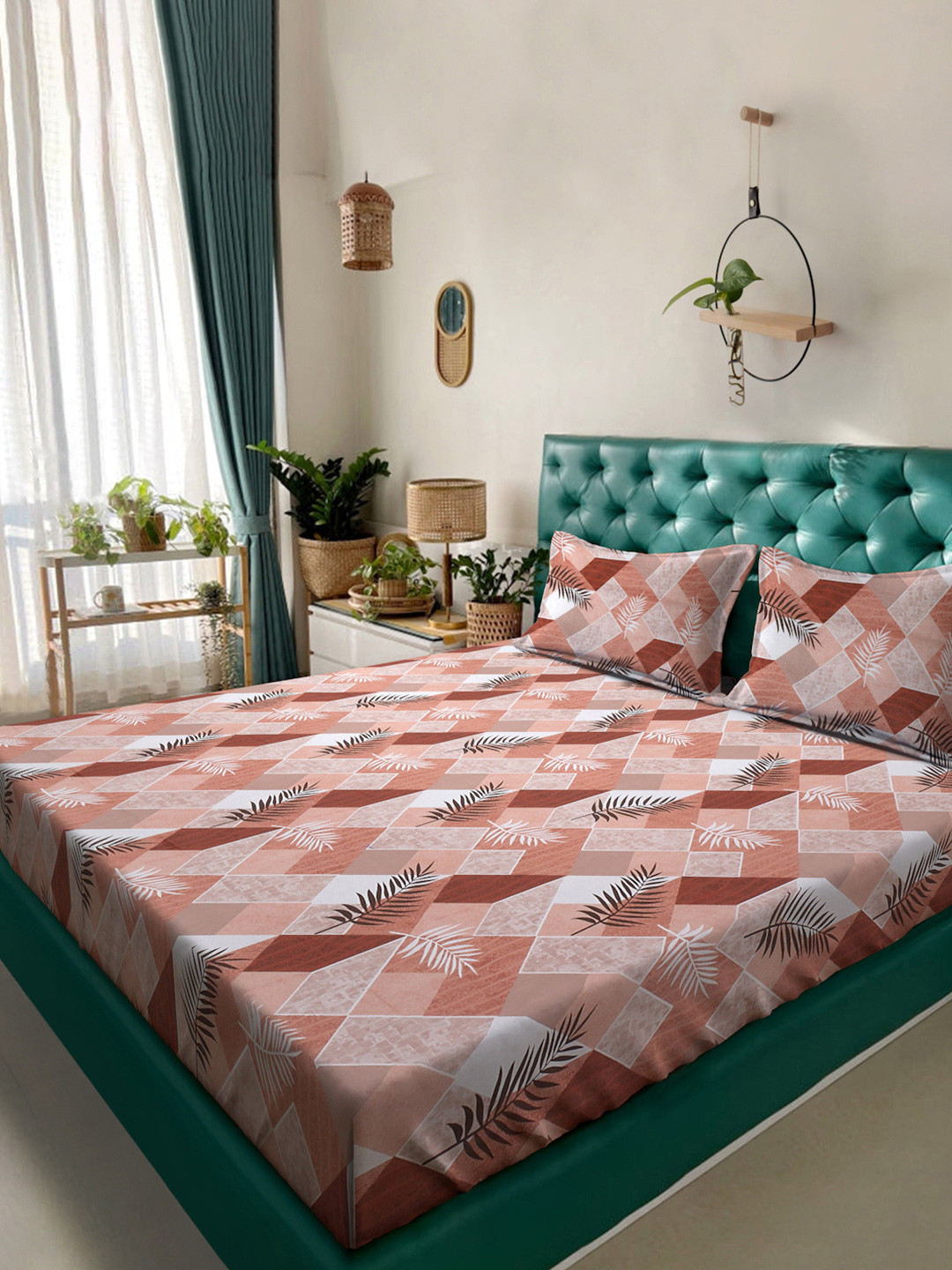 KLOTTHE Rust Leaf Cotton 400 TC Fitted King Bedsheet with 2 Pillow Covers-98 x 89 inches