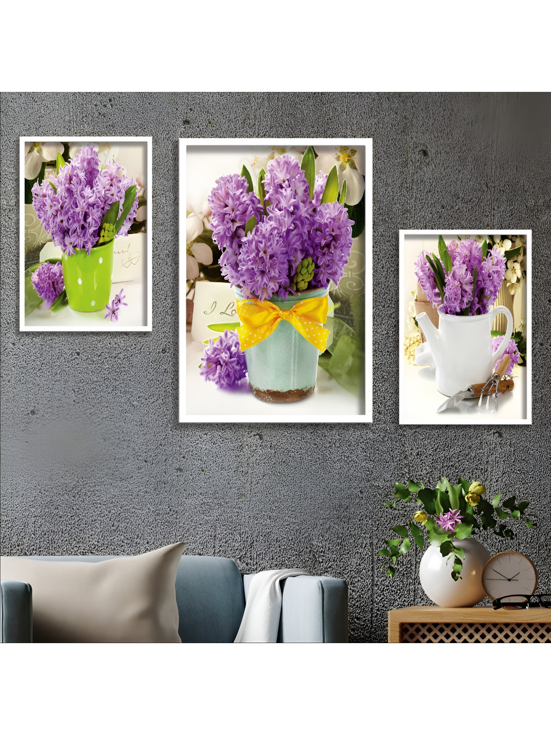Aura Flowers White Wood 3 Pcs Wall Living Room Rectangle Potrait Paintings Wall Art