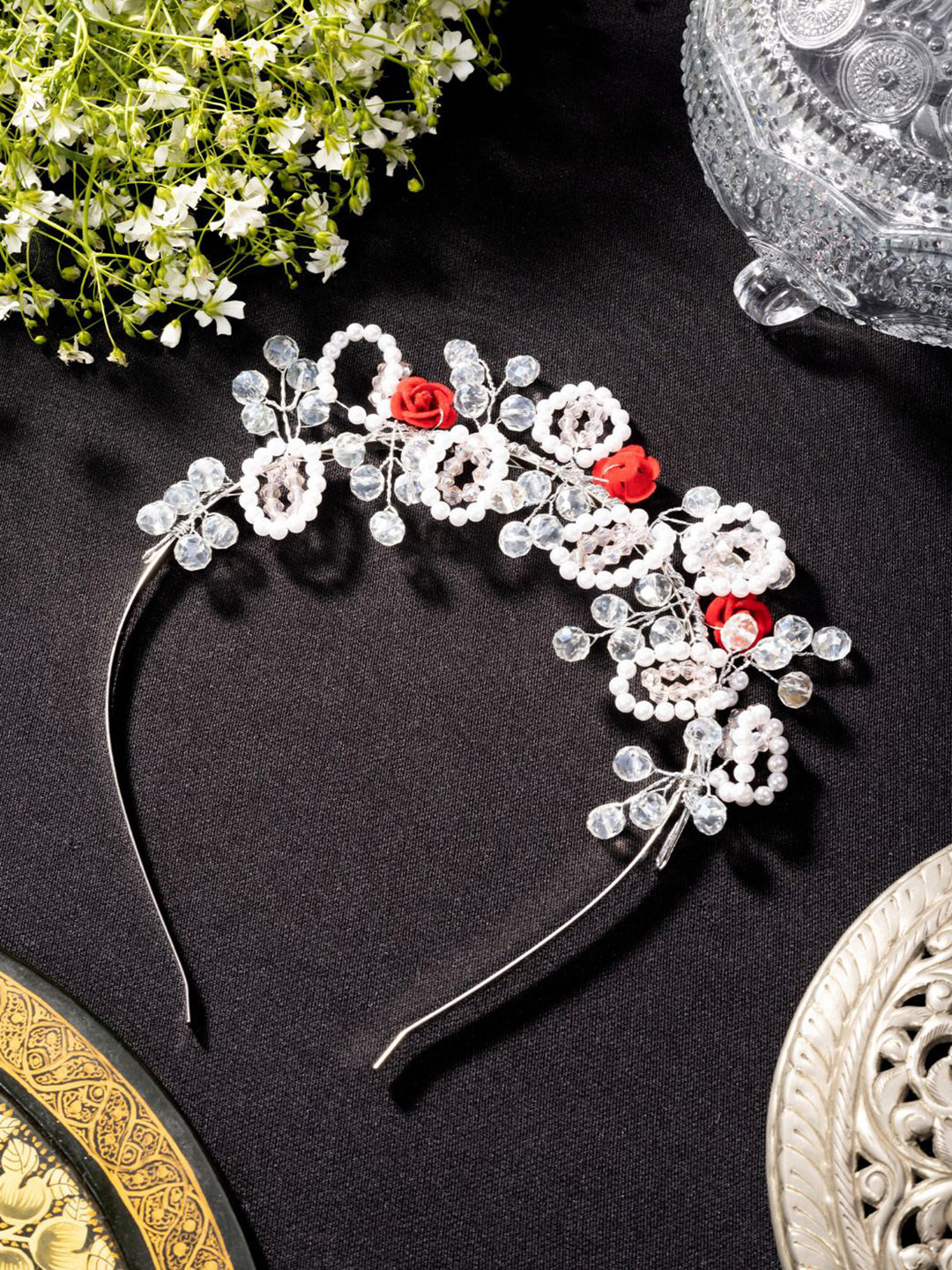 Niscka Silver-Plated Artificial Beads Studded Sheeshphool Head Jewellery