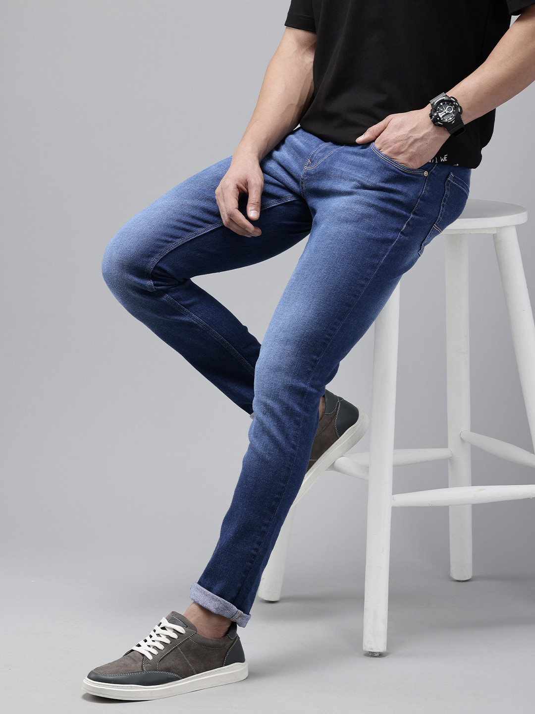SPYKAR Men Slim Fit Low-Rise Heavy Fade Narrow Leg Stretchable Jeans