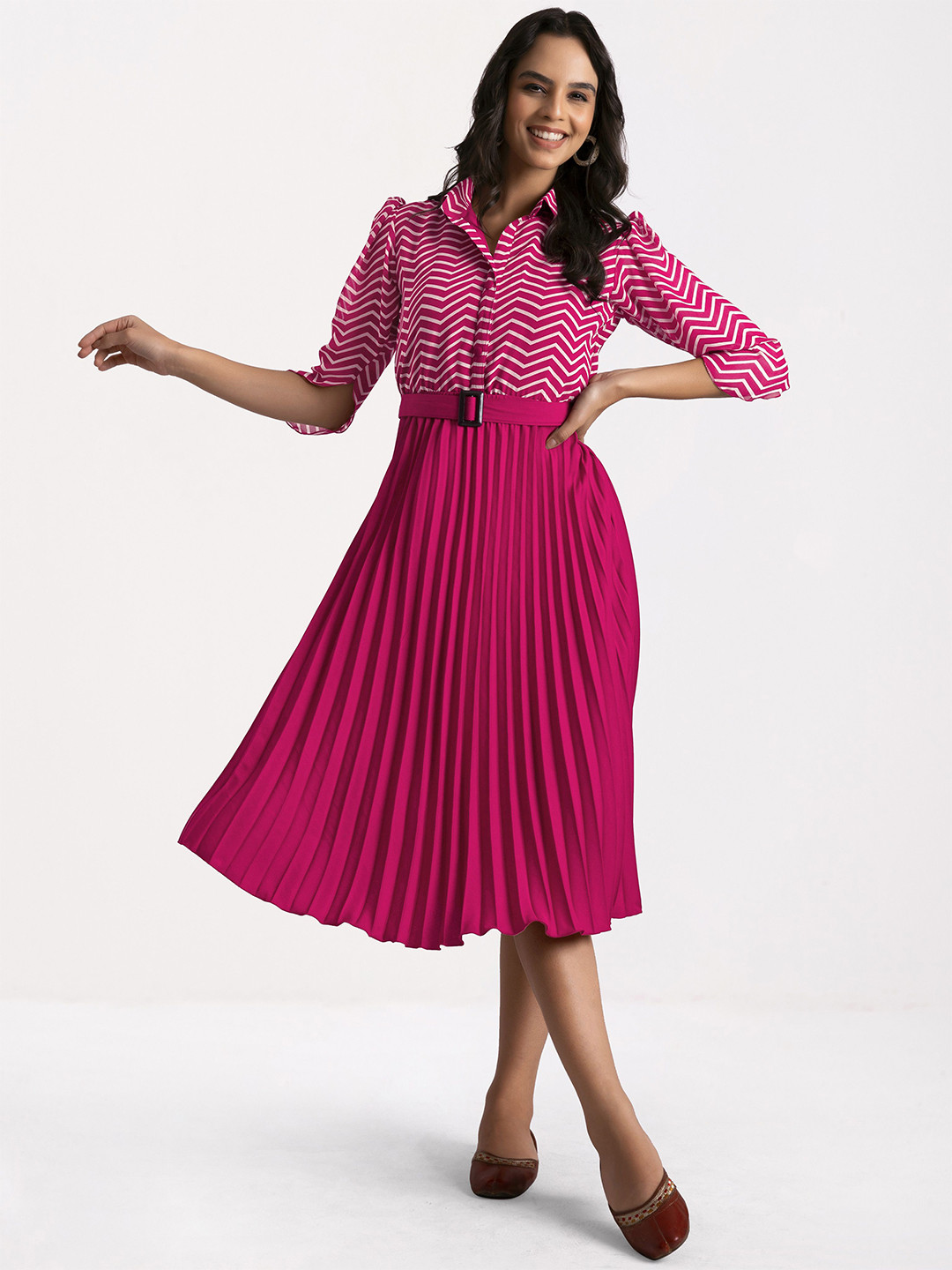 FLOWERVELLY Crepe Striped Accordion Pleated Shirt Midi Dress