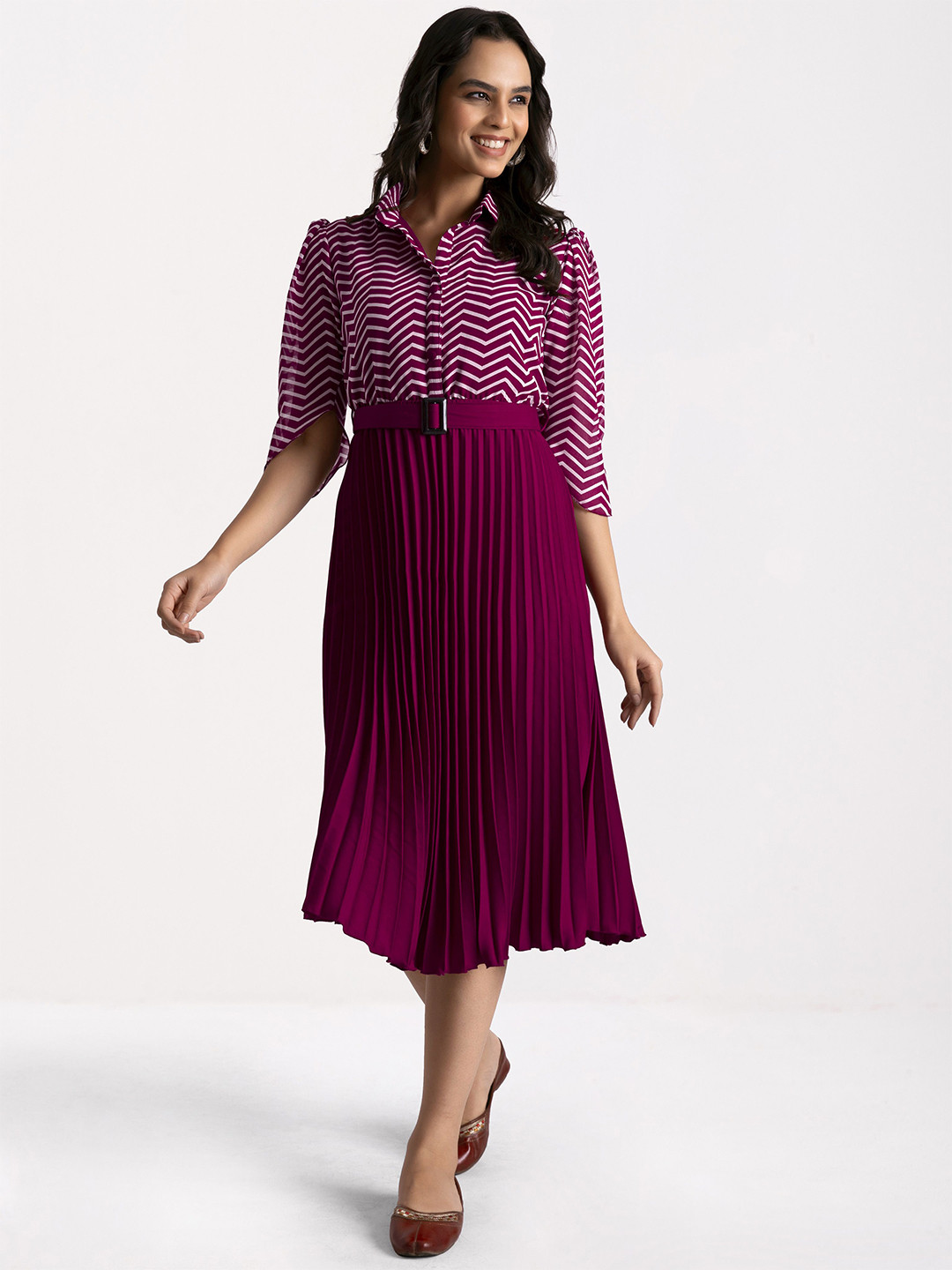 FLOWERVELLY Striped Crepe Shirt Midi Dress