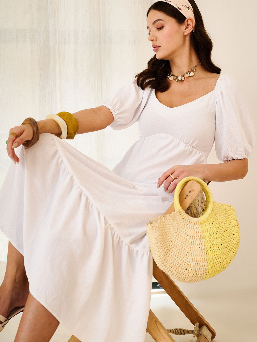 DELAN Sweetheartneck Puff Sleeve Layered A-Line Midi Dress