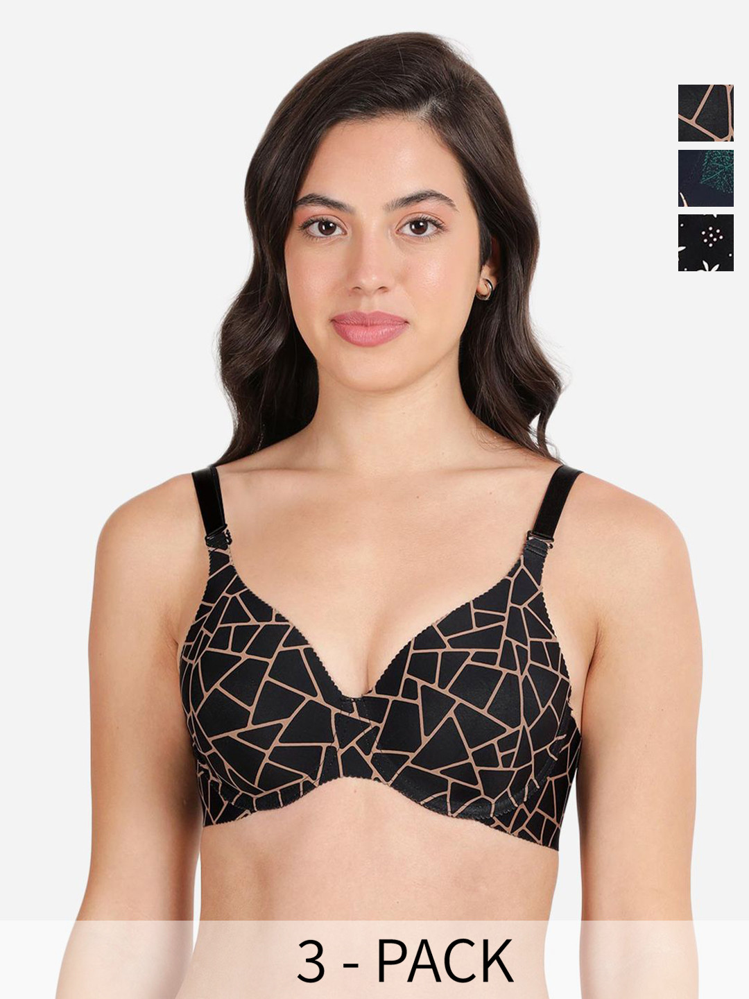 shyaway Floral Women Pack of 3 Medium Coverage Underwired Lightly Padded T-shirt Bra