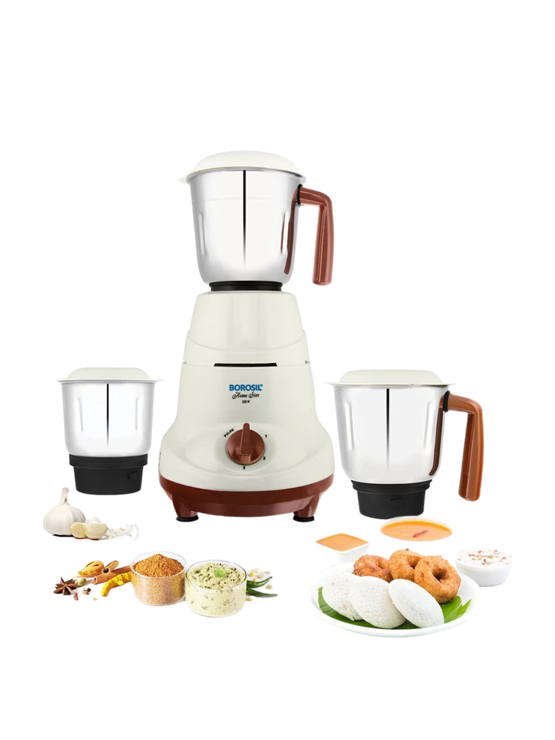 Borosil Home Star Brown Stainless Steel Anti Skid Vaccum Rubber Feet 3 Jars Wet and Dry Grinder-500W