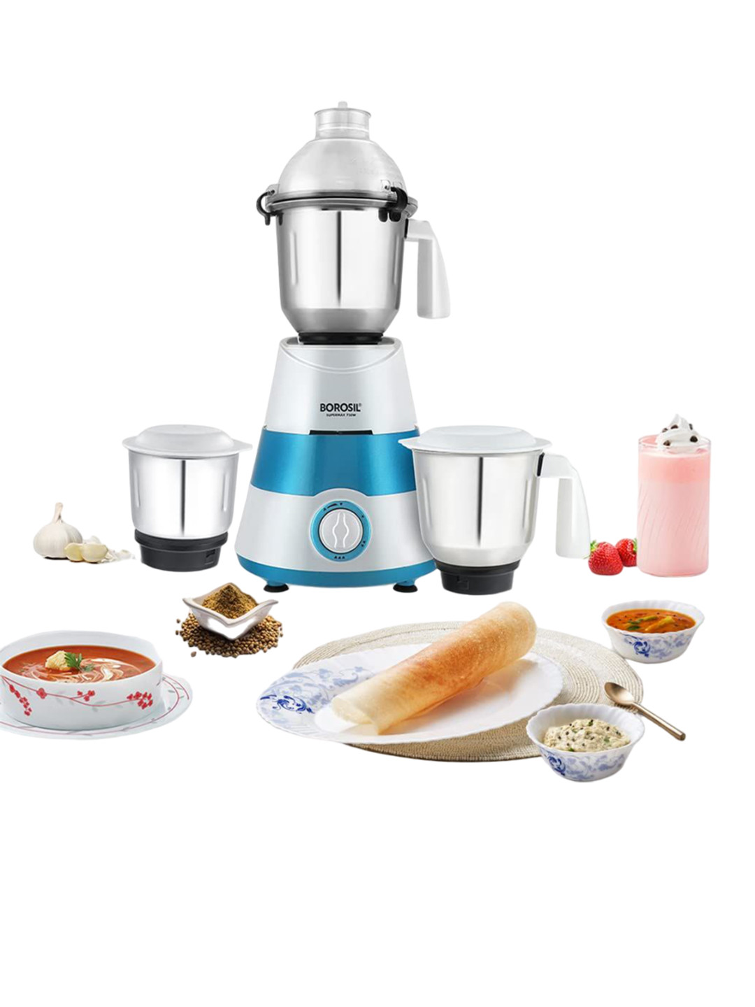 Borosil Supermax Blue Stainless Steel Anti Skid Vaccum Rubber Feet 3 Jars Wet and Dry Grinder-750W