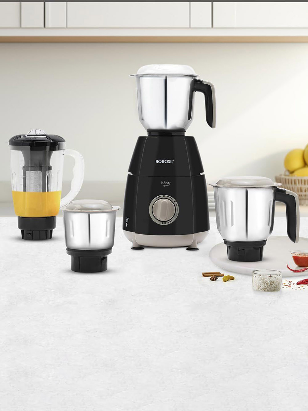Borosil Infinity Black Stainless Steel Handles For Sturdy Grip 4 Jars Wet and Dry Grinder-750W