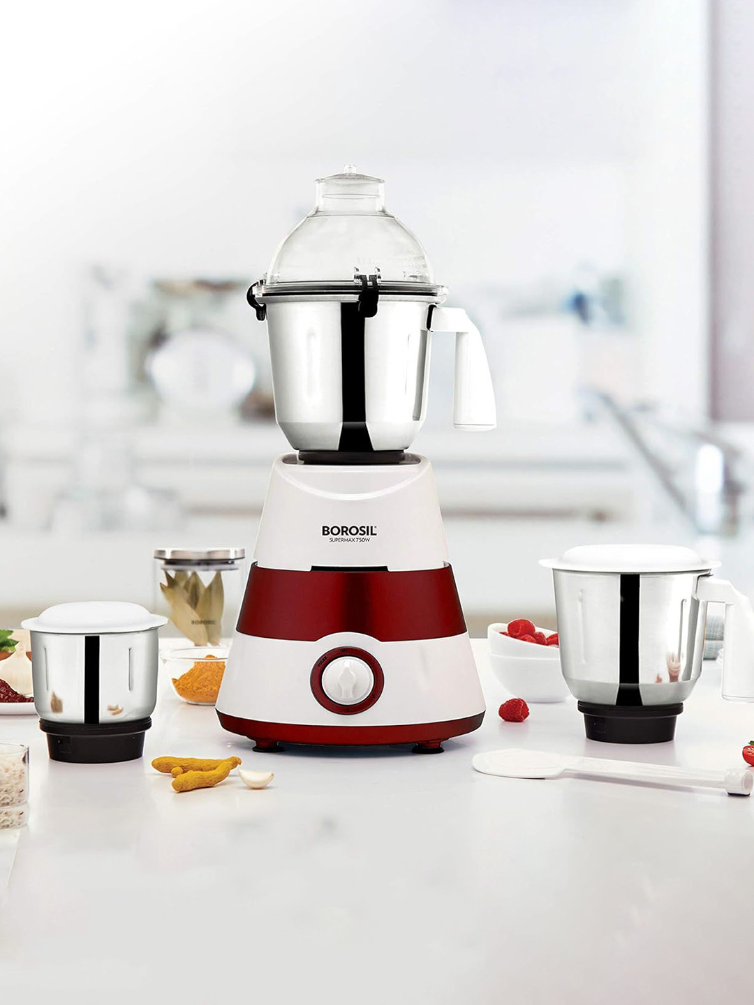 Borosil Supermax Maroon Stainless Steel Anti Skid Vaccum Rubber Feet 3 Jars Wet and Dry Grinder-750W