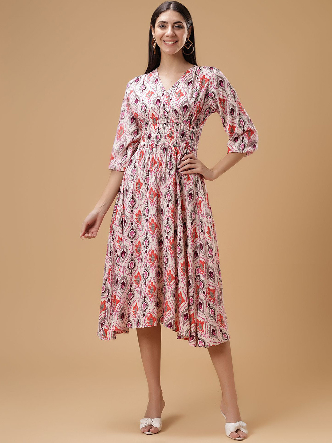 Bani Women Floral Print Puff Sleeves Smocked Liva V-Neck Fit & Flare Midi Dress