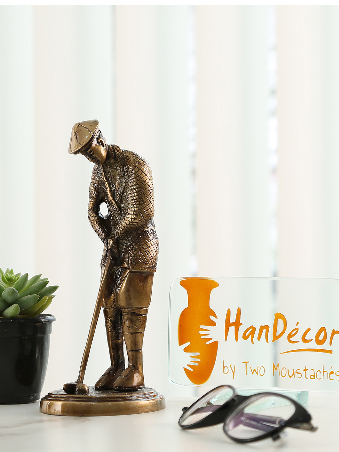 Two Moustaches Golfer Brown Brass Metallic Living Room Small Showpiece - 7.9 Inches