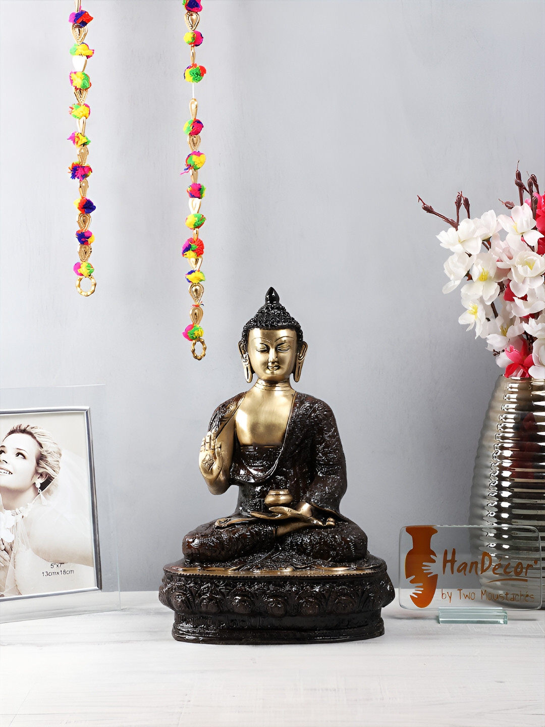 Two Moustaches Vitarka Buddha Black Brass Metallic Home Office Medium Showpiece - 12.6 Inches