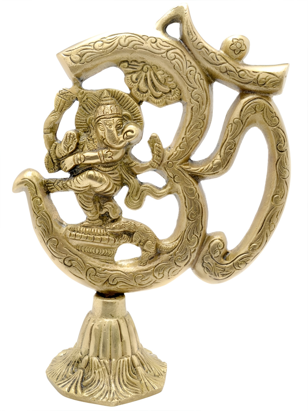 Two Moustaches Divine Om Ganesha Gold Brass Metallic Prayer Room Small Showpiece - 8.7 Inches