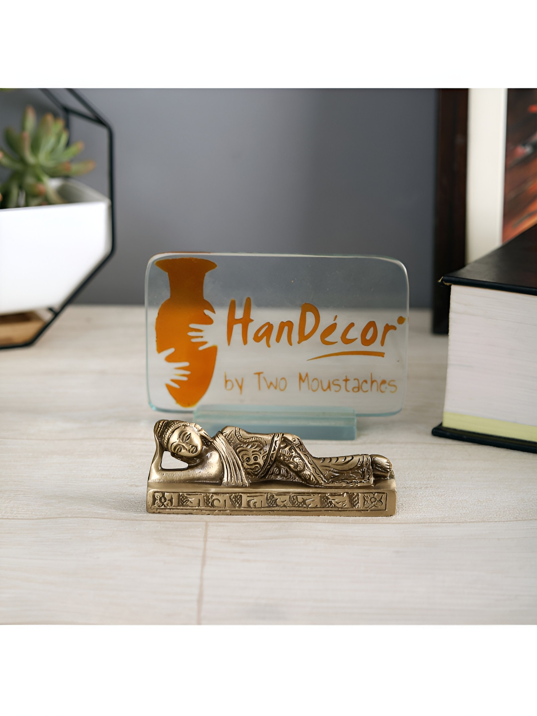 Two Moustaches Buddha Reclining Brown Brass Metallic Home Office Small Showpiece - 1.5 Inches