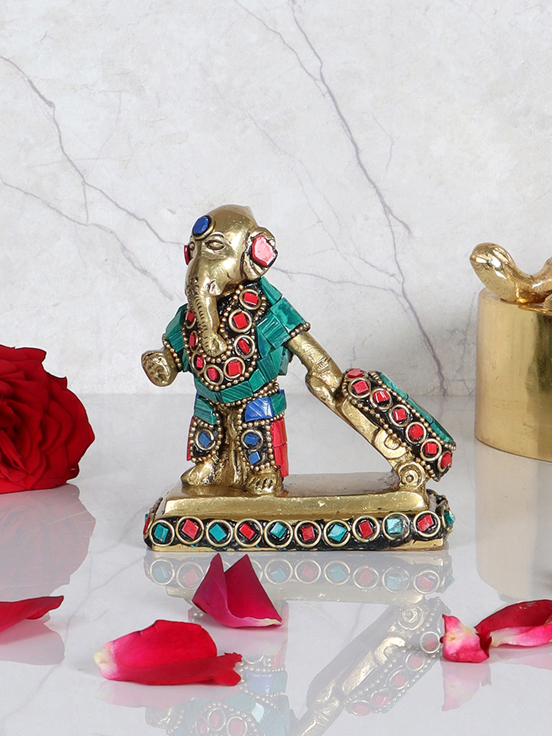 Two Moustaches Gold Toned & Blue Gemstone Work Ganesha Showpiece