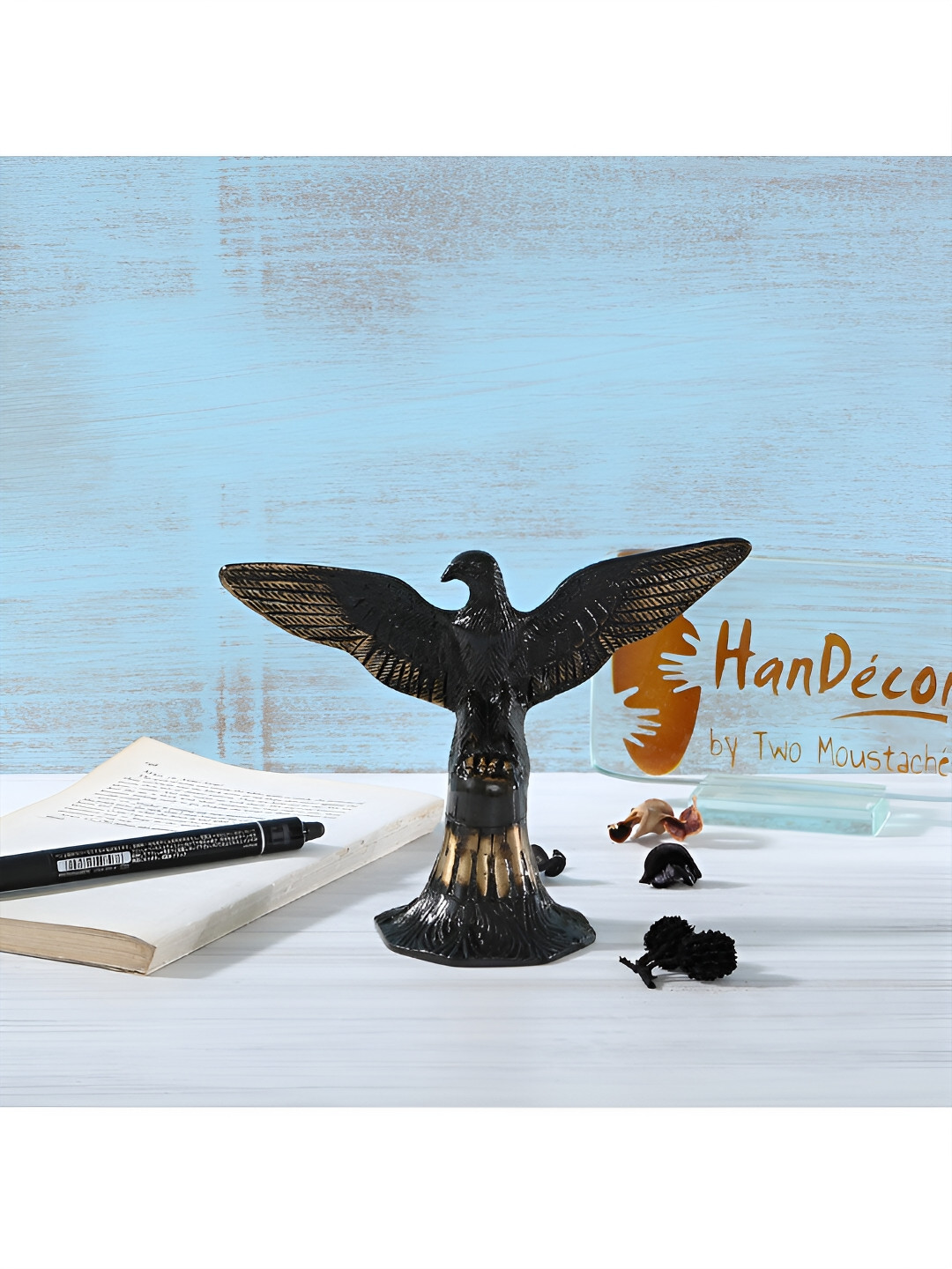 Two Moustaches Open Winged Eagle Black Brass Metallic Living Room Medium Showpiece - 4.9 Inches