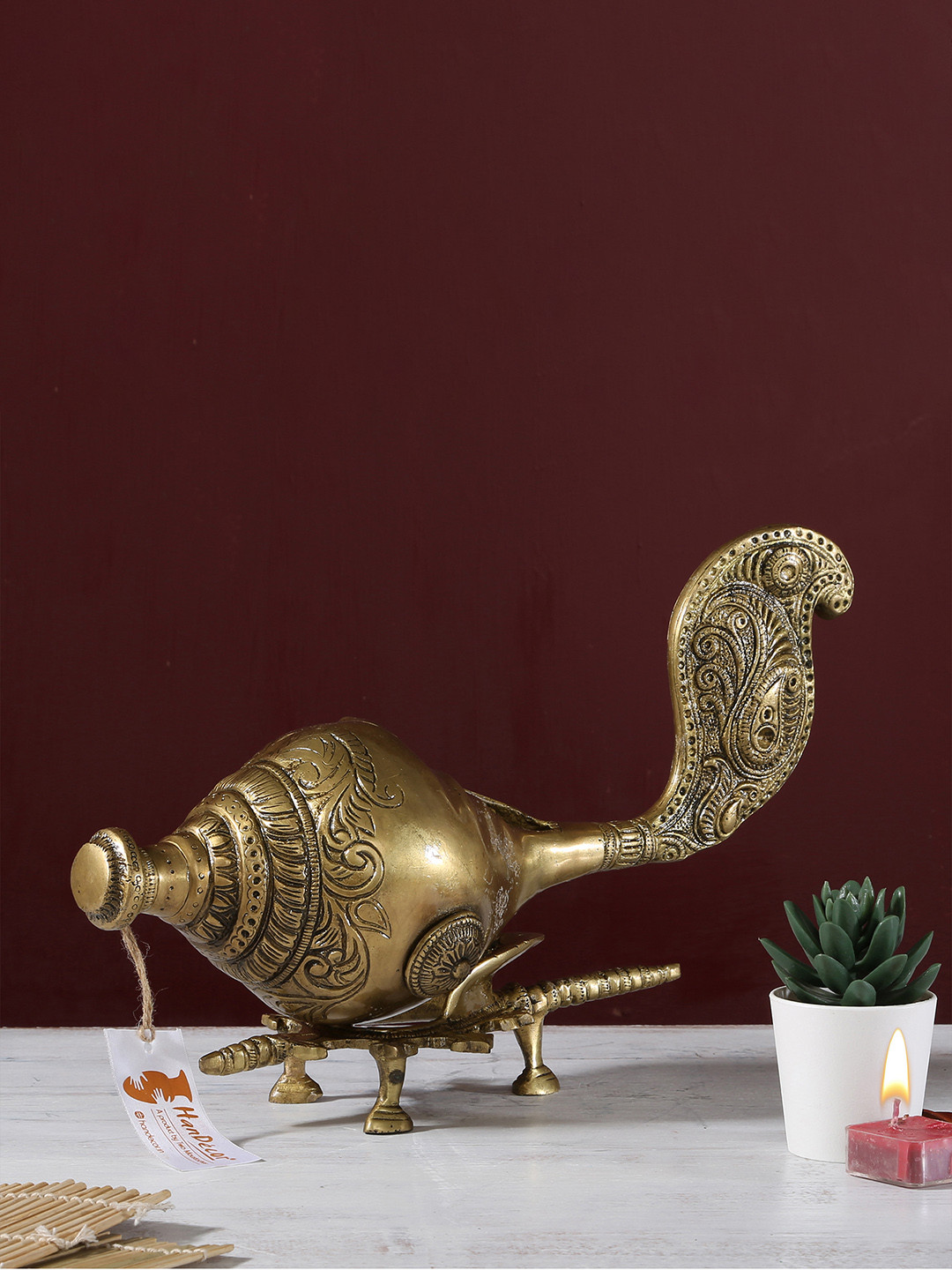 Two Moustaches Shankh with Stand Gold Brass Metallic Prayer Room Small Showpiece - 8.9 Inches