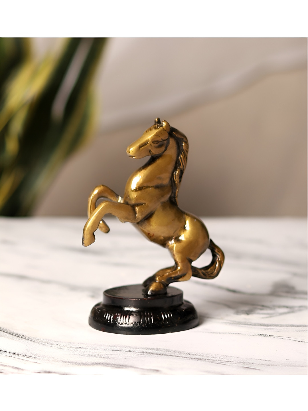 Two Moustaches Uplifted Legs Horse Gold Brass Glossy Living Room Small Showpiece - 4.4 Inches
