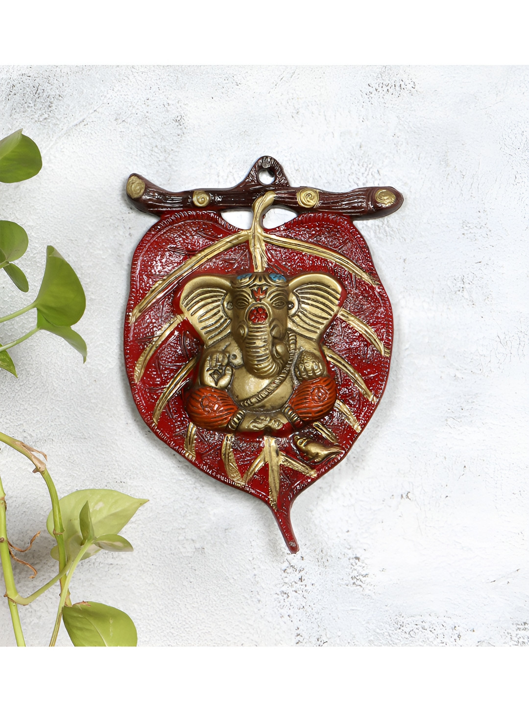 Two Moustaches Lord Ganesha On Patta Brass Ethnic Motifs Matte Spiritual Wall Decor-8.3In