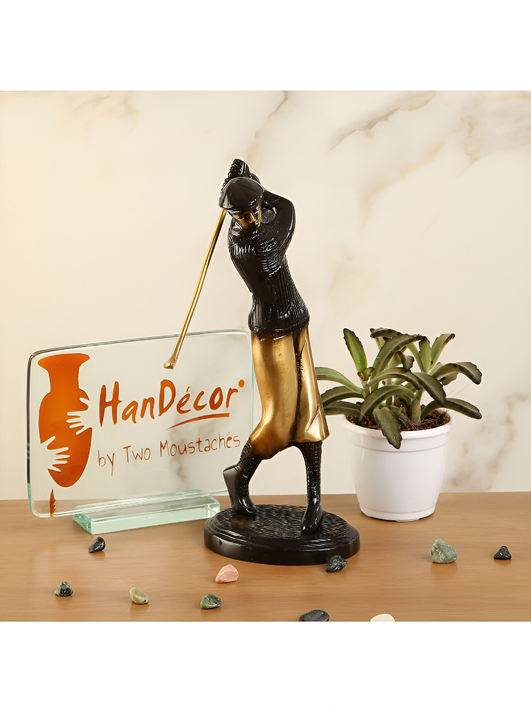 Two Moustaches Golfer Shot Black Brass Metallic Living Room Small Showpiece - 8.9 Inches