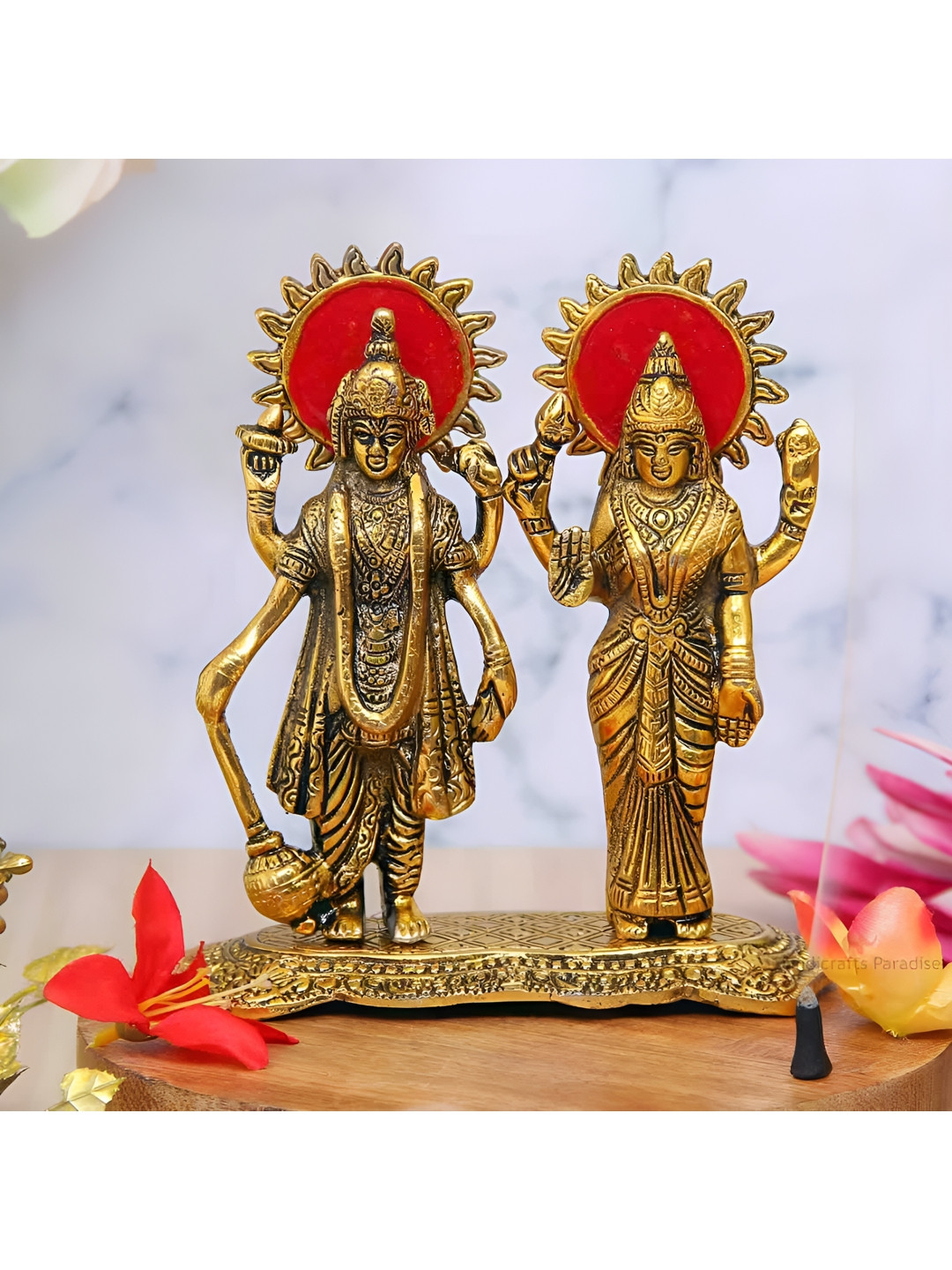 HANDICRAFTS PARADISE Vishnu Parvati Multicoloured Metal Metallic Prayer Room Small Showpiece - 7.2 Inches