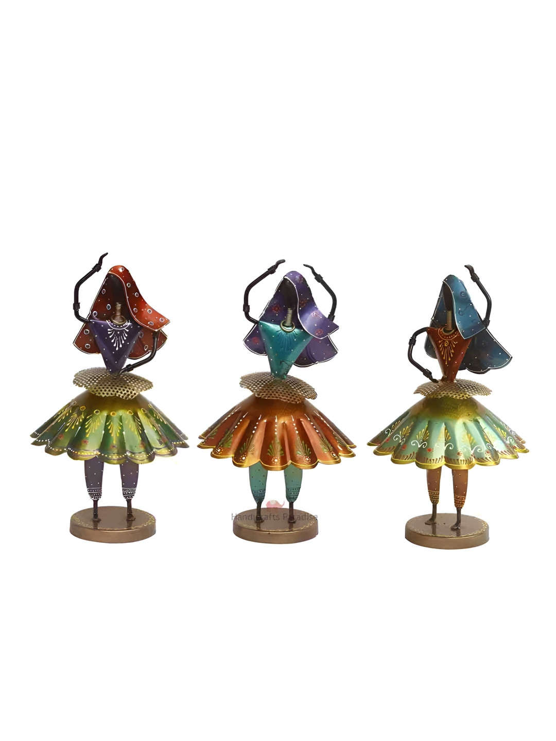 HANDICRAFTS PARADISE Dancing Ladies in Ethnic Attire Multicoloured Metal Metallic Living Room Set of 3 Small Showpieces - 14 Inches