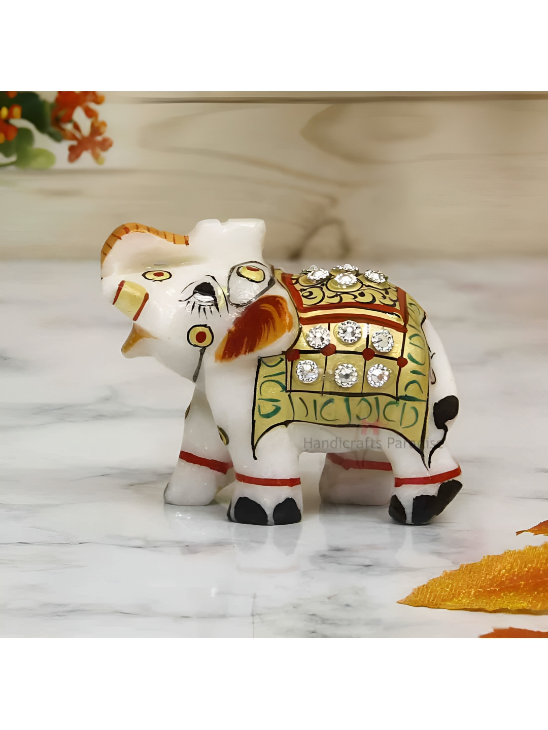HANDICRAFTS PARADISE Elephant Multicoloured Marble Glossy Living Room Tiny Showpiece - 2 Inches