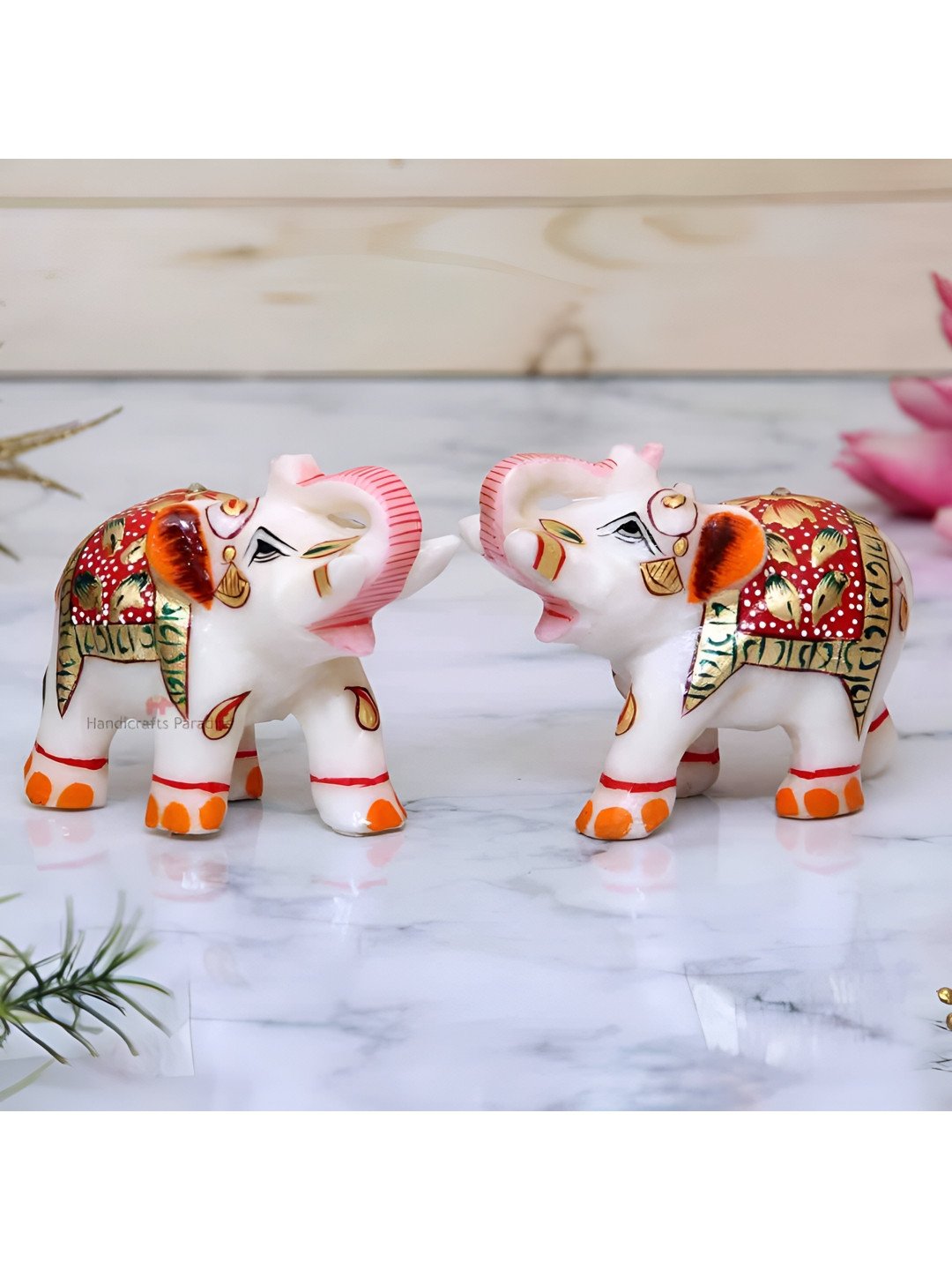 HANDICRAFTS PARADISE Elephant Multicoloured Marble Glossy Living Room Set of 2 Small Showpieces - 2.7 Inches