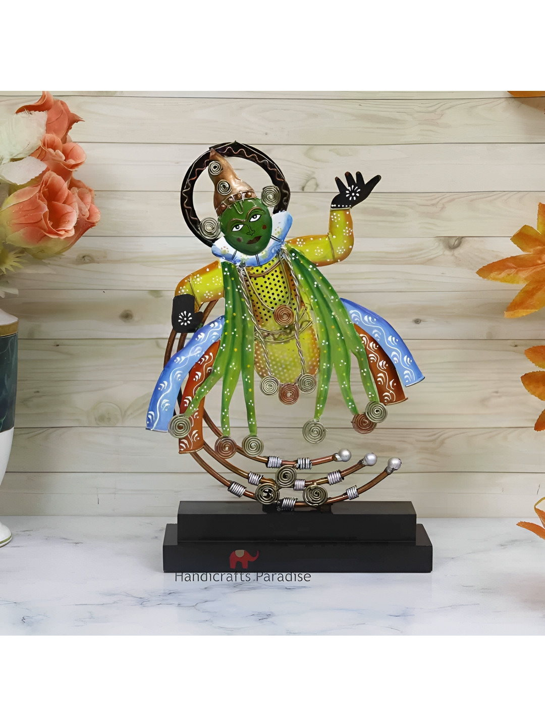 HANDICRAFTS PARADISE Kathakkali Dancer on Base Multicoloured Metal Metallic Living Room Medium Showpiece - 13.2 Inches
