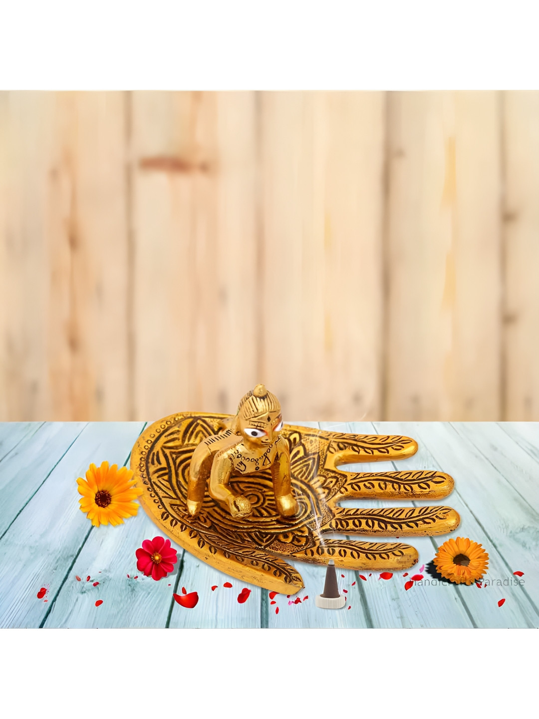 HANDICRAFTS PARADISE Bal Krishna Sitting on A Hand Multicoloured Metal Metallic Living Room Set of 2 Small Showpieces -