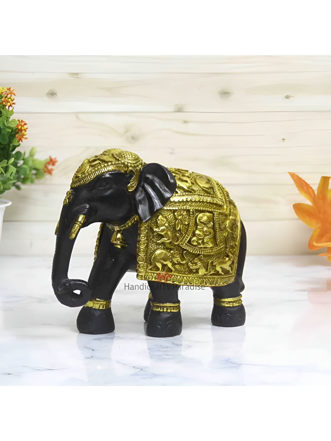 HANDICRAFTS PARADISE Royal Elephant Multicoloured Marble Glossy Living Room Small Showpiece - 6 Inches