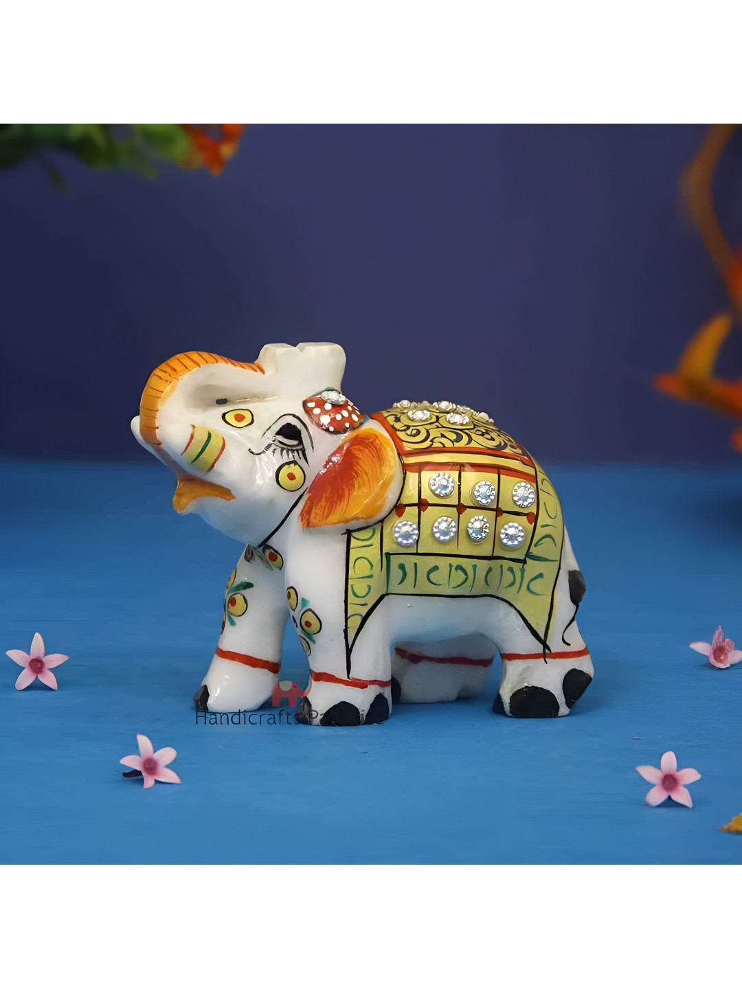 HANDICRAFTS PARADISE Elephant Multicoloured Marble Glossy Living Room Tiny Showpiece - 2.5 Inches