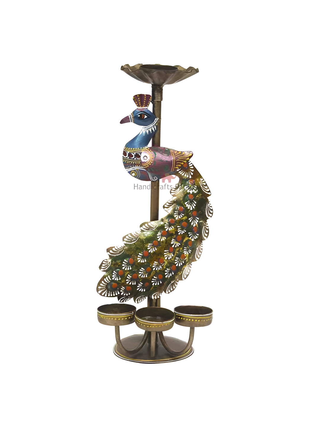 HANDICRAFTS PARADISE Tealight Candle Holder Peacock Shaped Multicoloured Metal Metallic Living Room Hand-Painted Small Showpiece -