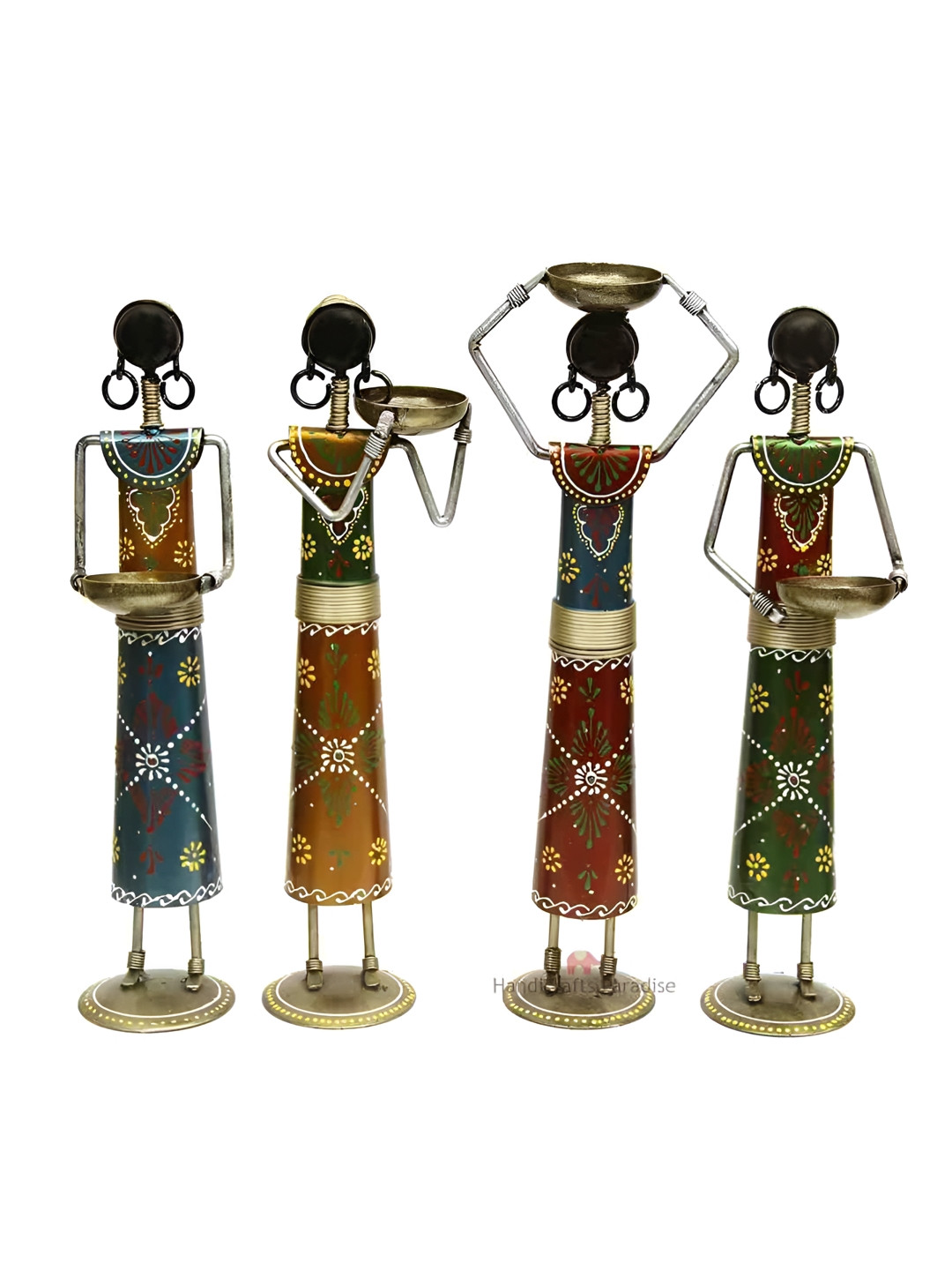 HANDICRAFTS PARADISE Rajasthani Village Ladies Farm Workers Multicoloured Metal Metallic Living Room Set of 4 Small Showpieces - 14 Inches