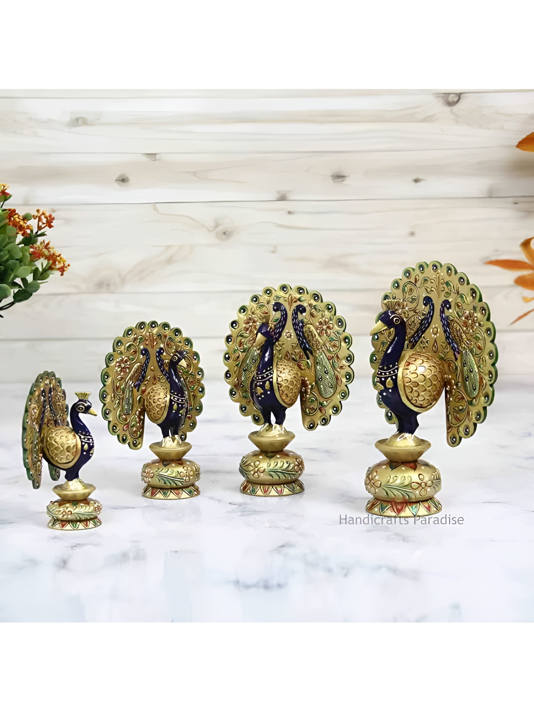 HANDICRAFTS PARADISE Peacocks Multicoloured Wood Natural Living Room Set of 4 Small Showpieces - 6 Inches