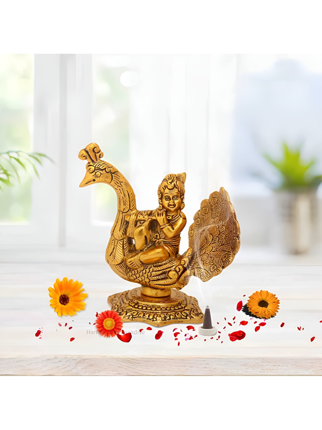 HANDICRAFTS PARADISE Krishna Playing Flute on a Peacock Multicoloured Metal Glossy Prayer Room Small Showpiece -