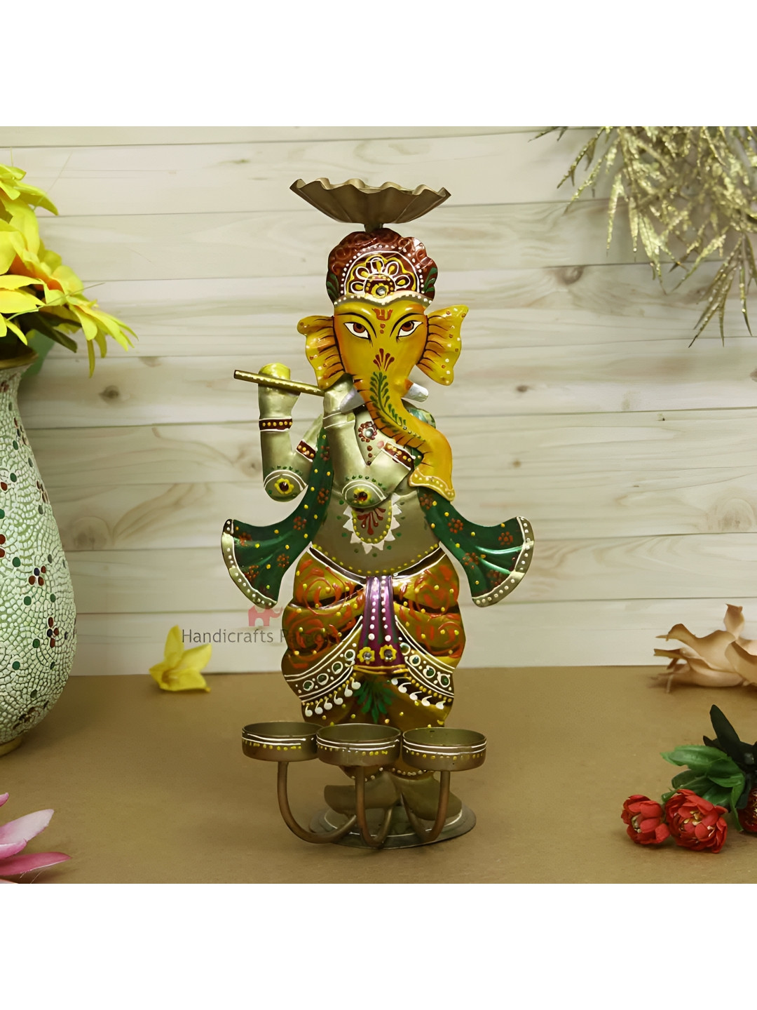 HANDICRAFTS PARADISE Tealight Candle Holder Ganesha Multicoloured Metal Metallic Prayer Room Hand-Painted Small Showpiece - 13.5 Inches