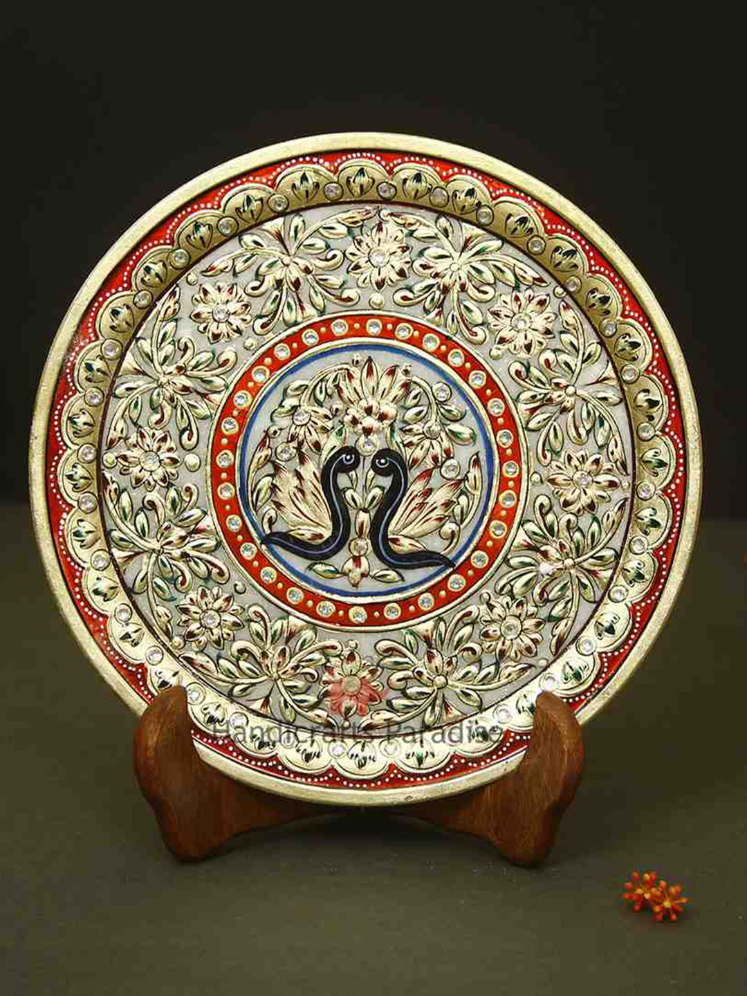 HANDICRAFTS PARADISE Peacocks Plate Multicoloured Marble Glossy Living Room Set of 2 Small Showpieces - 9 Inches